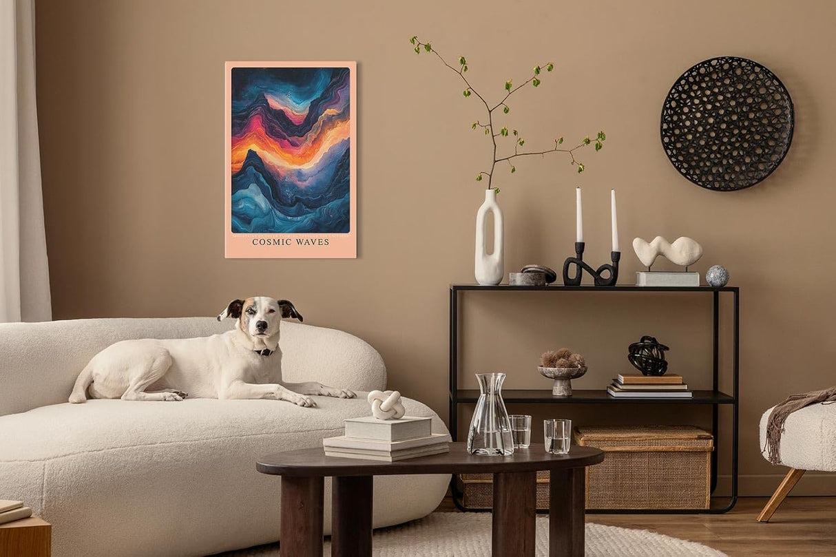 Paul Sinus Leinwandbild 80x120cm kosmische Farbexplosion mit fließenden Wellenformen, abstrakte Wandkunst mit tiefen Blautönen