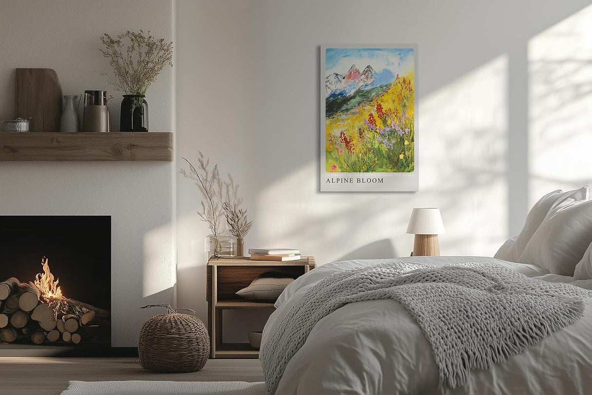 Paul Sinus Leinwandbild 60x90cm lebendige Alpenlandschaft mit blühender Bergwiese, expressive Wandkunst mit farbenfrohem Blumenmeer