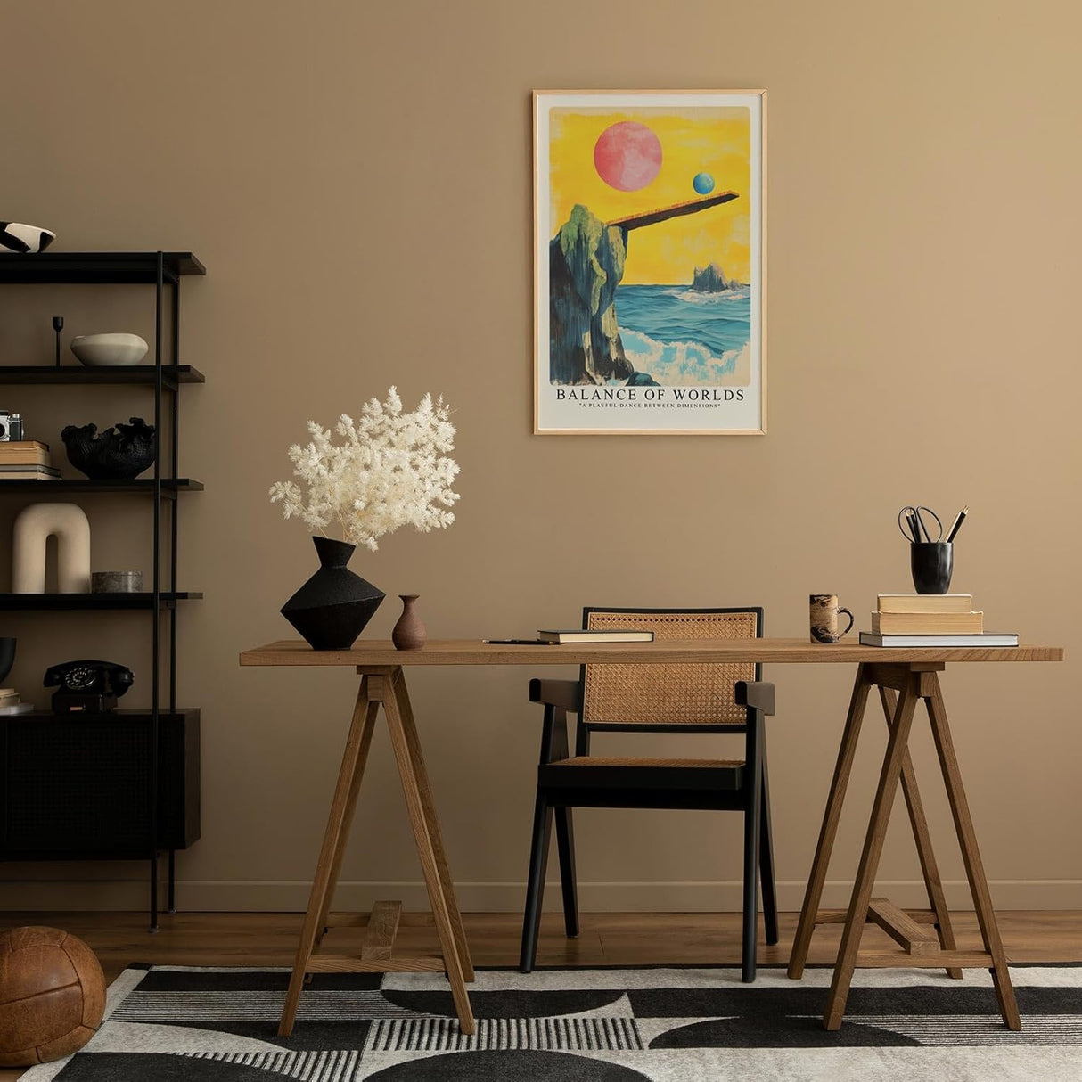 Paul Sinus Leinwandbild 60x90cm Leinwandbild Balance der Welten – Surreale Landschaft mit schwebenden Planeten und schwebender Plattform