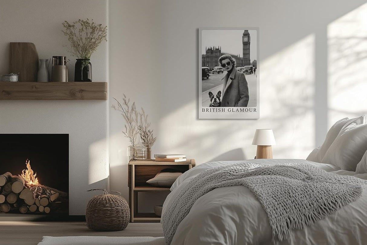 Paul Sinus Leinwandbild 60x90cm Leinwandbild Britischer Glamour – Stilvolle Schwarz-Weiß-Fotografie einer eleganten Frau mit Hund vor Big Ben