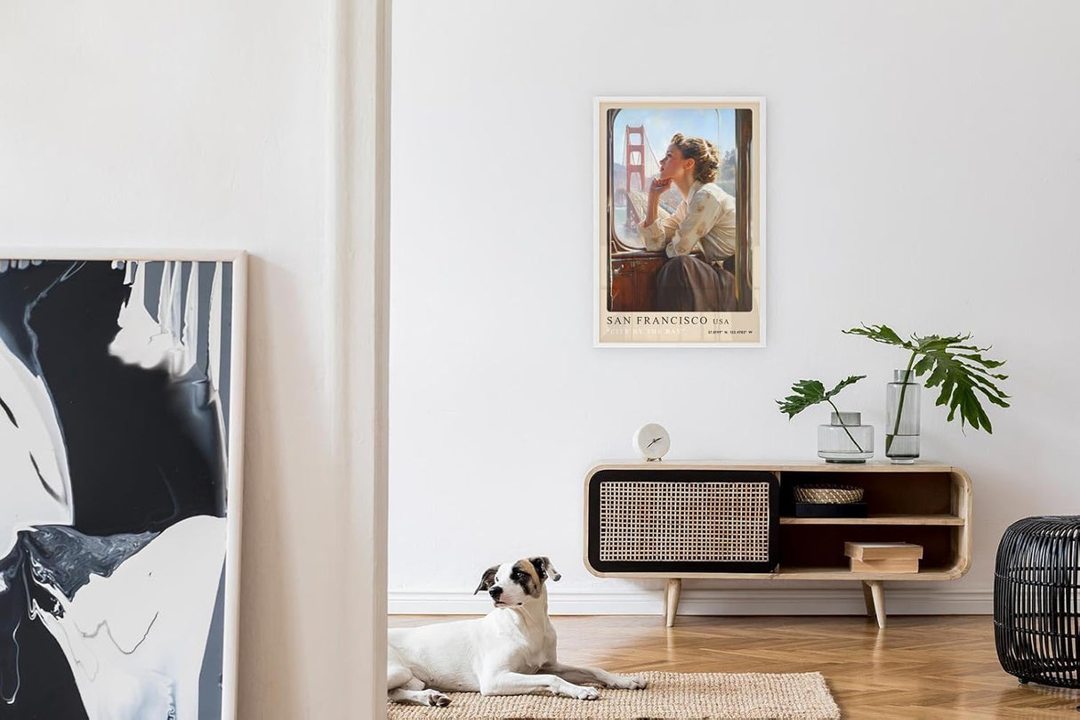 Paul Sinus Leinwandbild 60x90cm City by the Bay – San Francisco, Golden Gate Bridge, Nostalgie, Reise, Retro, Vintage, Romantik, Frau, Bahn