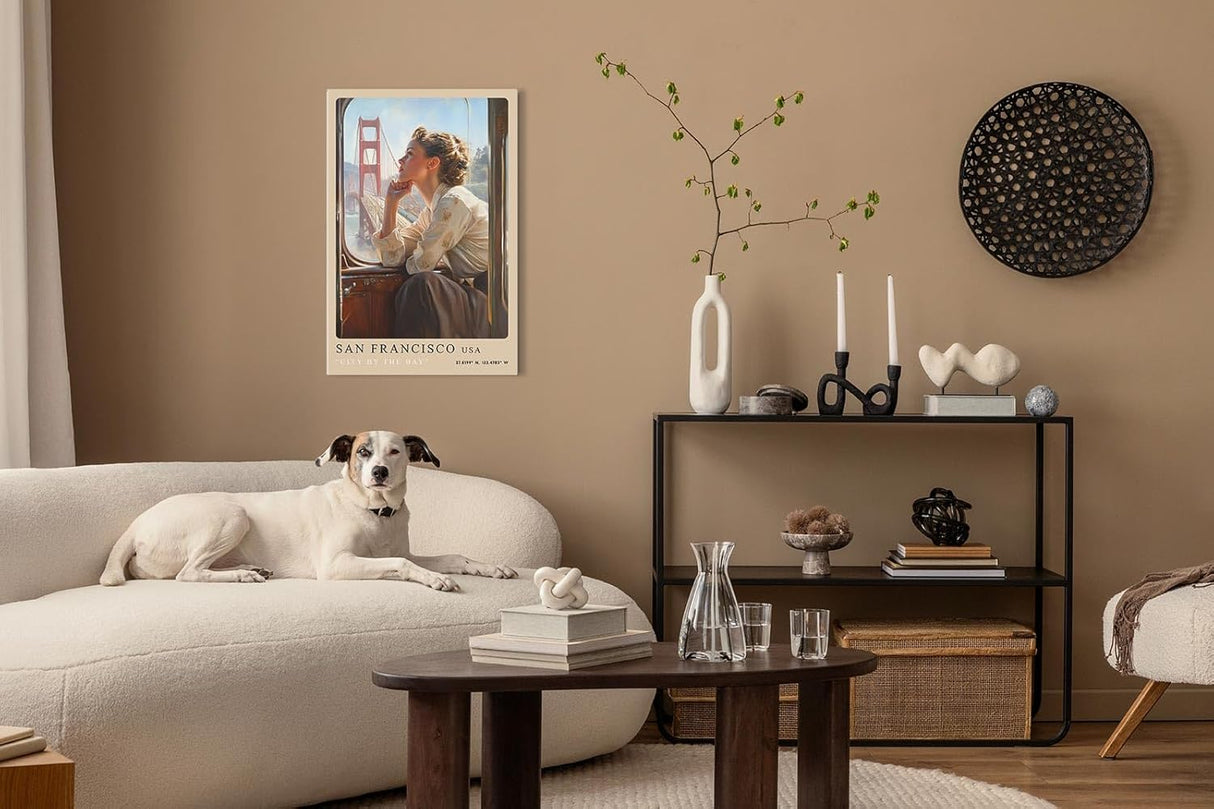 Paul Sinus Leinwandbild 60x90cm City by the Bay – San Francisco, Golden Gate Bridge, Nostalgie, Reise, Retro, Vintage, Romantik, Frau, Bahn