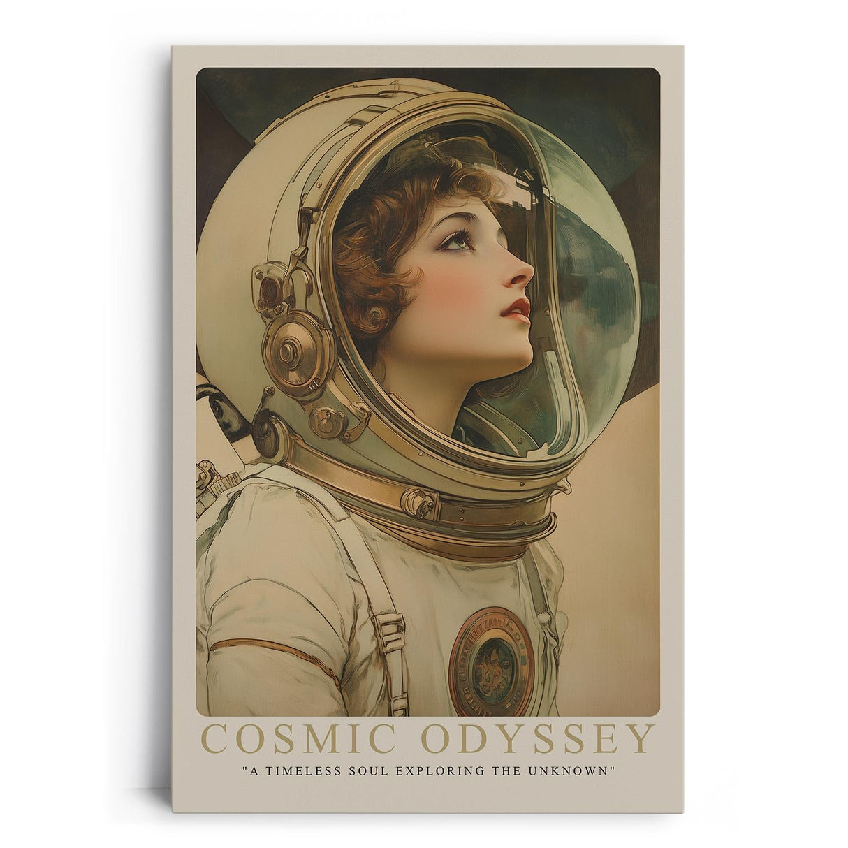Paul Sinus Leinwandbild 60x90cm Cosmic Odyssey – Faszinierendes Leinwandbild einer visionären Astronautin mit nostalgischem Blick ins Unbekannte