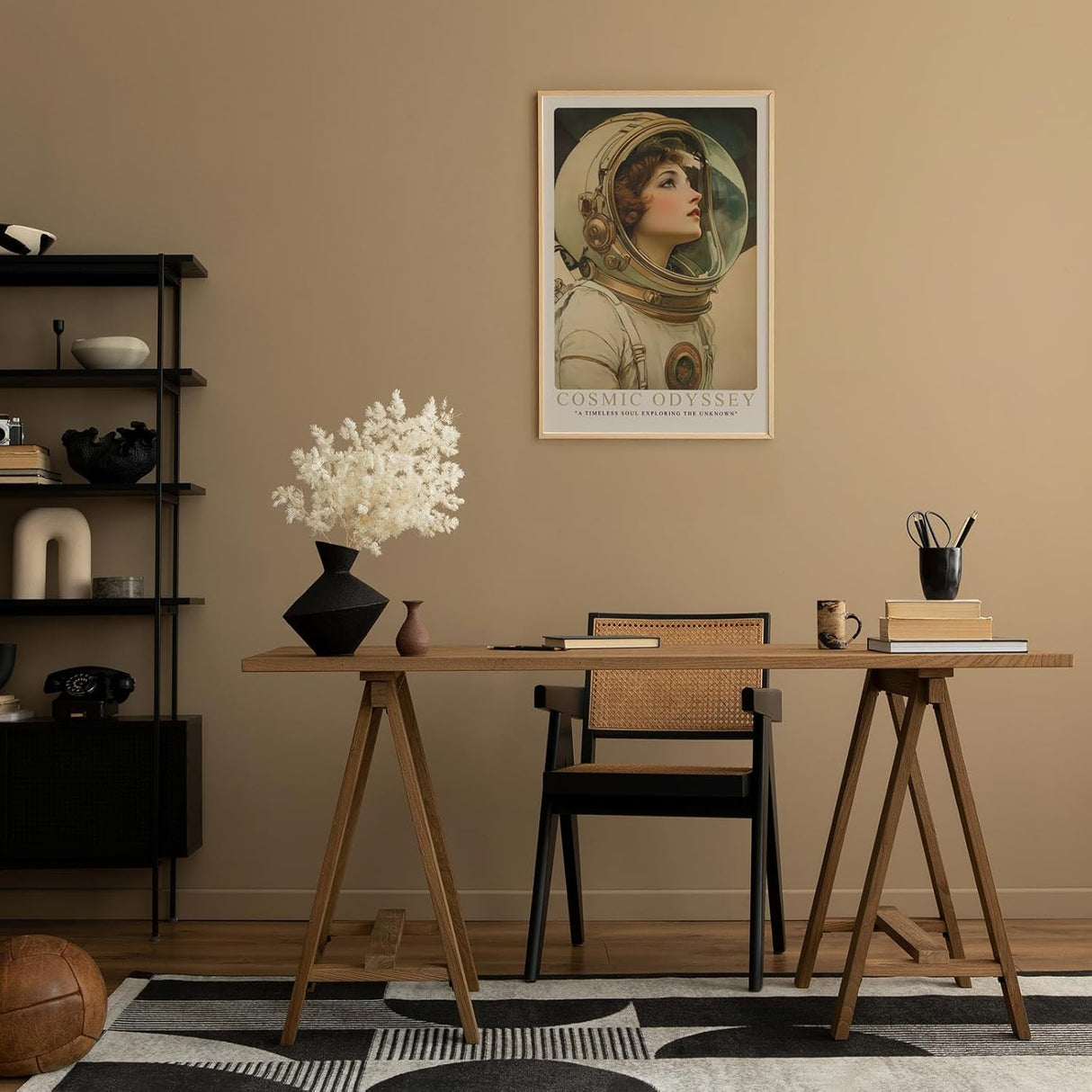 Paul Sinus Leinwandbild 60x90cm Cosmic Odyssey – Faszinierendes Leinwandbild einer visionären Astronautin mit nostalgischem Blick ins Unbekannte