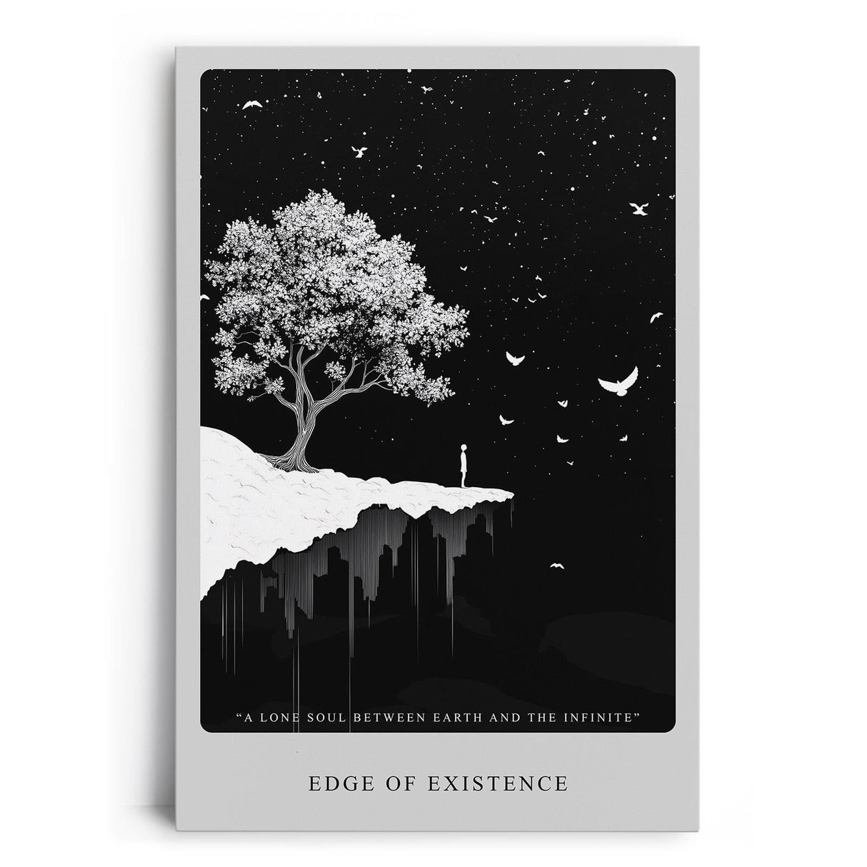 Paul Sinus Leinwandbild 80x120cm Edge of Existence – Minimalismus, Schwarz-Weiß, Surrealismus, Kunst, Universum, Einsamkeit, Tiefe, Unendlichkeit