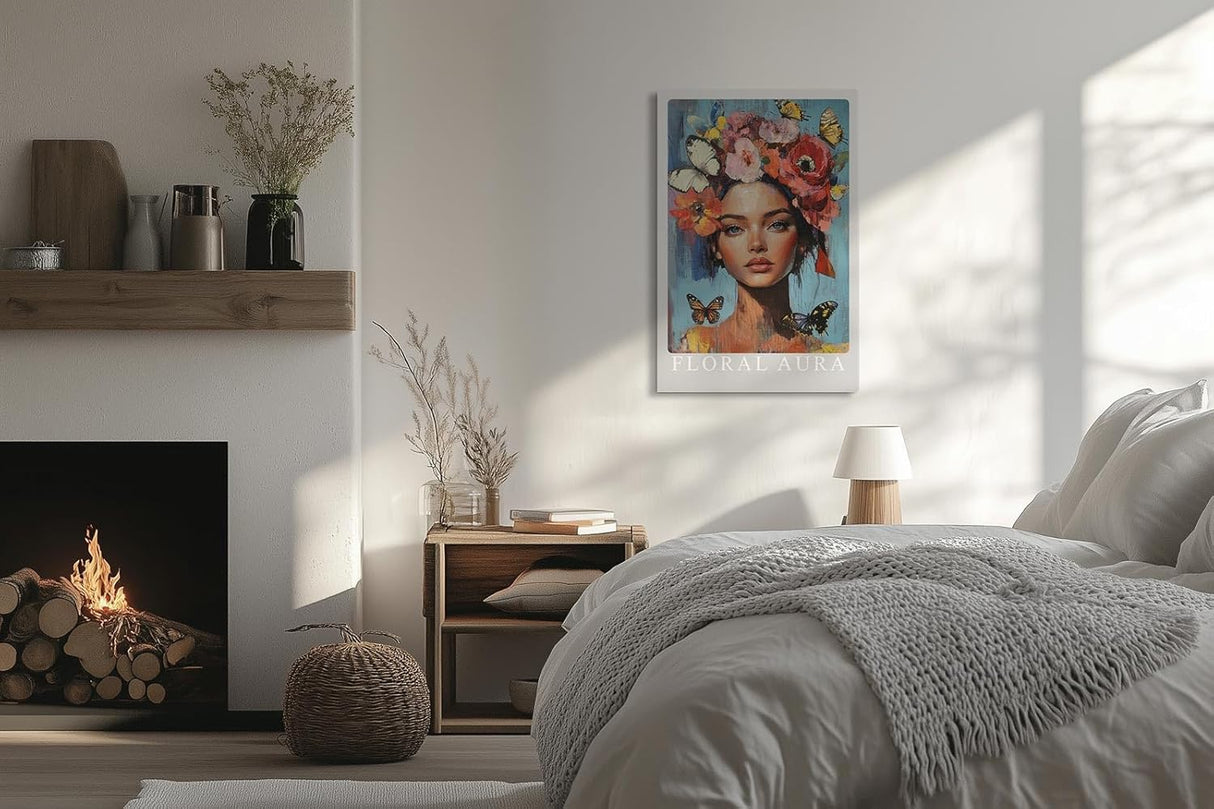Paul Sinus Leinwandbild 60x90cm Leinwandbild Florale Aura – Ausdrucksstarkes Porträt mit blühender Blumenkrone und Schmetterlingen, leuchtende Farben