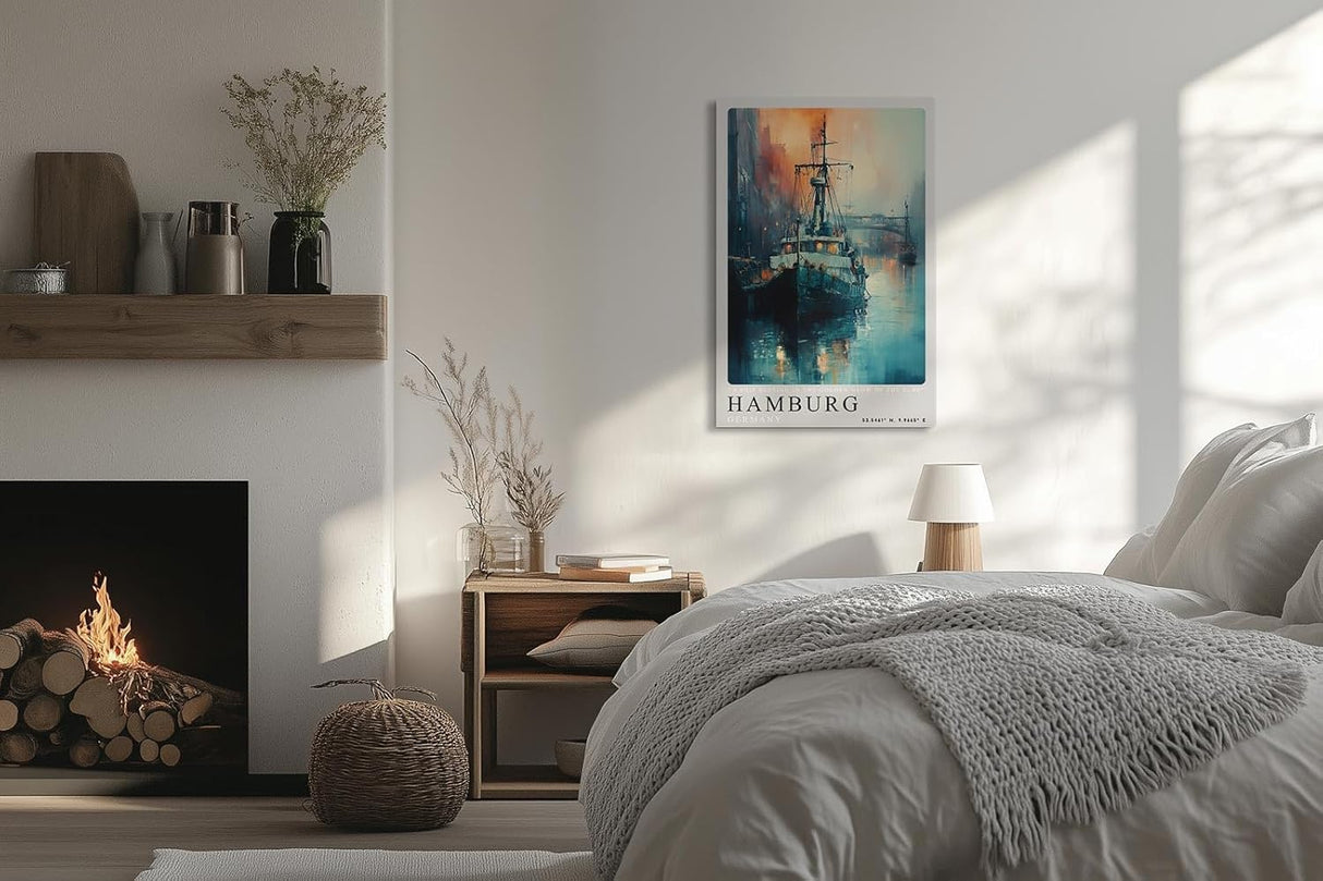 Paul Sinus Leinwandbild 80x120cm Hamburg – Schiff, Hafen, Elbe, Deutschland, Wasser, Sonnenuntergang, Industrie, Seefahrt, Romantik, Atmosphäre