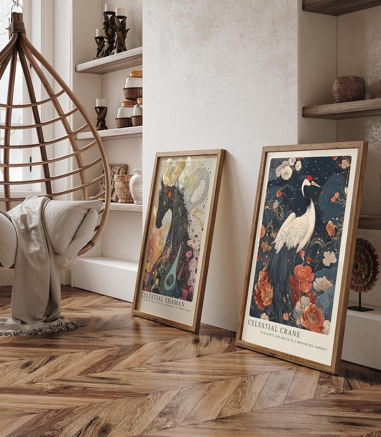 Paul Sinus Leinwandbild 60x90cm Leinwandbild Himmlischer Kranich – Elegante Illustration eines Kranichs in einem traumhaften Garten, asiatische Ästhetik