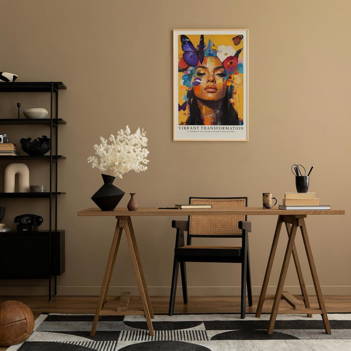 Paul Sinus Leinwandbild 80x120cm Leinwandbild Lebendige Transformation – Kraftvolles Porträt mit intensiven Farben, Schmetterlingen und floralen Akzenten