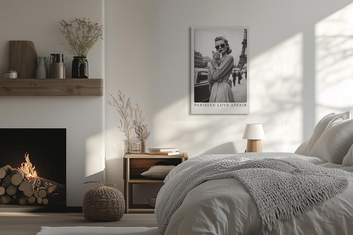 Paul Sinus Leinwandbild 80x120cm Pariser Eleganz – Stilvolles Retro-Porträt einer Frau mit Katze vor dem Eiffelturm