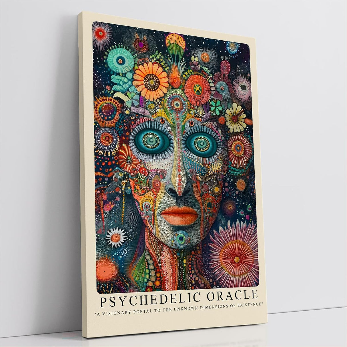 Paul Sinus Leinwandbild 60x90cm Psychedelisches Orakel – Visionäres Porträt mit leuchtenden Farben, abstrakten Mustern und surrealer Tiefenwirkung