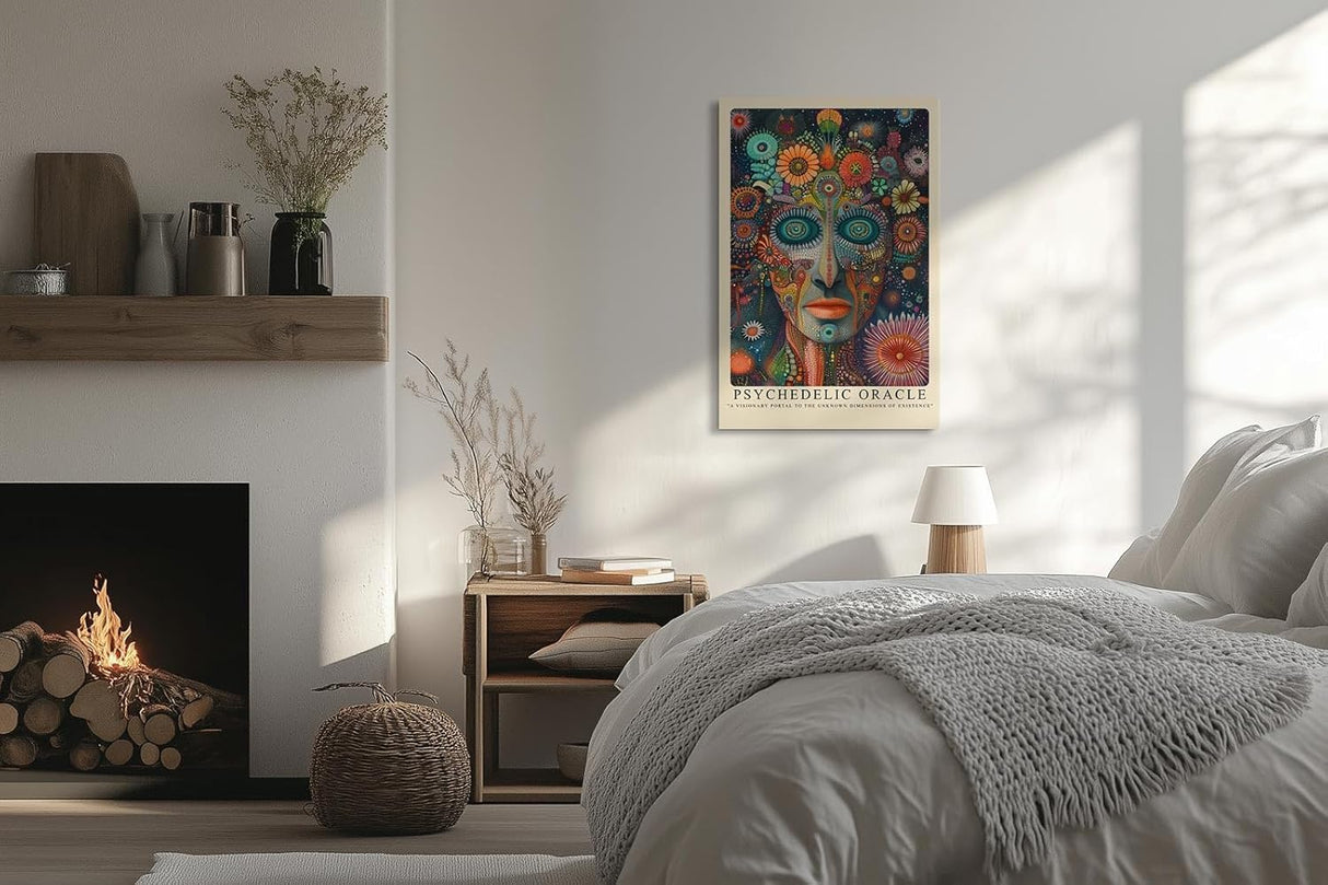 Paul Sinus Leinwandbild 60x90cm Psychedelisches Orakel – Visionäres Porträt mit leuchtenden Farben, abstrakten Mustern und surrealer Tiefenwirkung