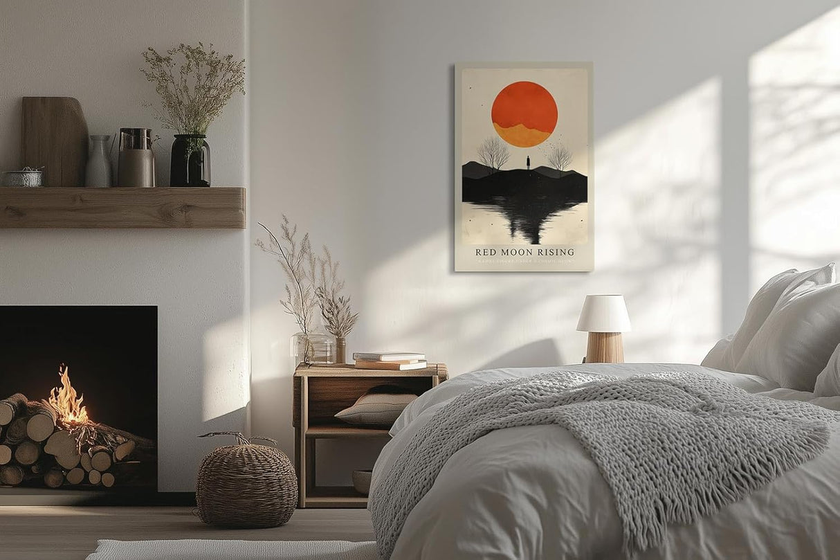 Paul Sinus Leinwandbild 40x60cm Red Moon Rising geheimnisvolle Landschaft mit leuchtend rotem Mond Silhouette einsamer Figur reflektierendes Wasser
