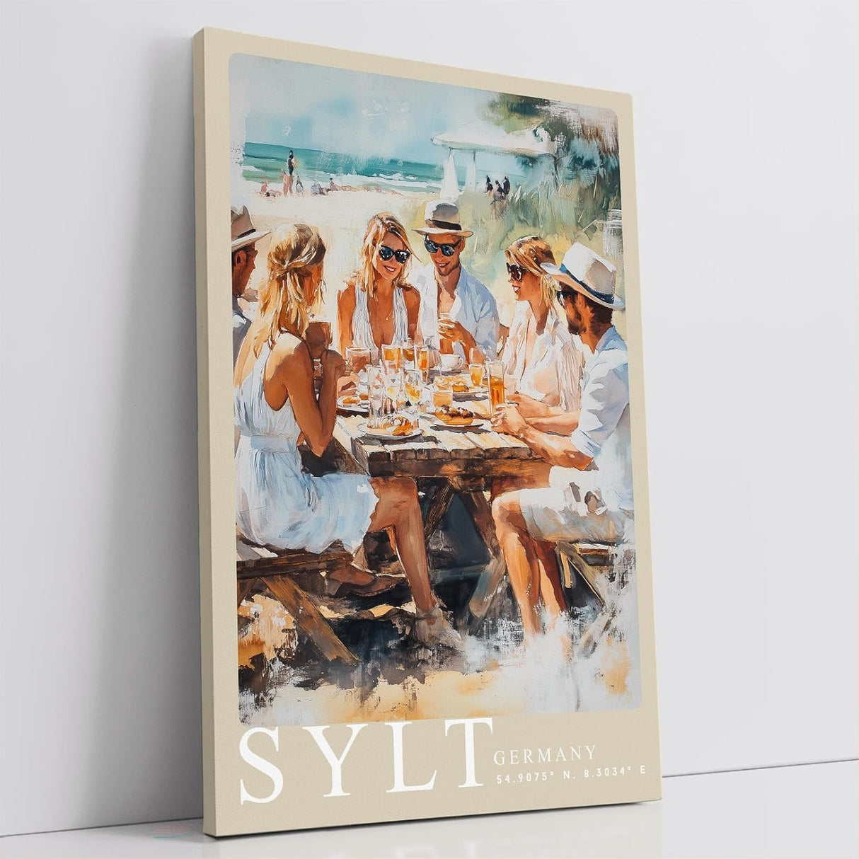 Paul Sinus Leinwandbild 60x90cm Leinwandbild Sommerliches Strandvergnügen auf Sylt – Elegante Gesellschaft, Genuss am Meer, maritimes Flair