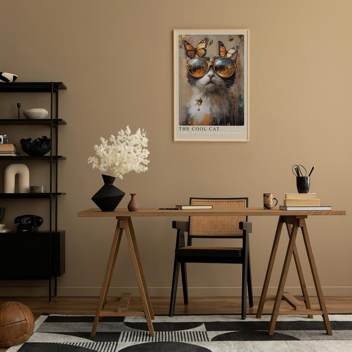 Paul Sinus Leinwandbild 80x120cm The Cool Cat Leinwandbild stilvolle Katze mit goldener Sonnenbrille und Schmetterlingen kreative Kunst mit Vintage-Ästhetik