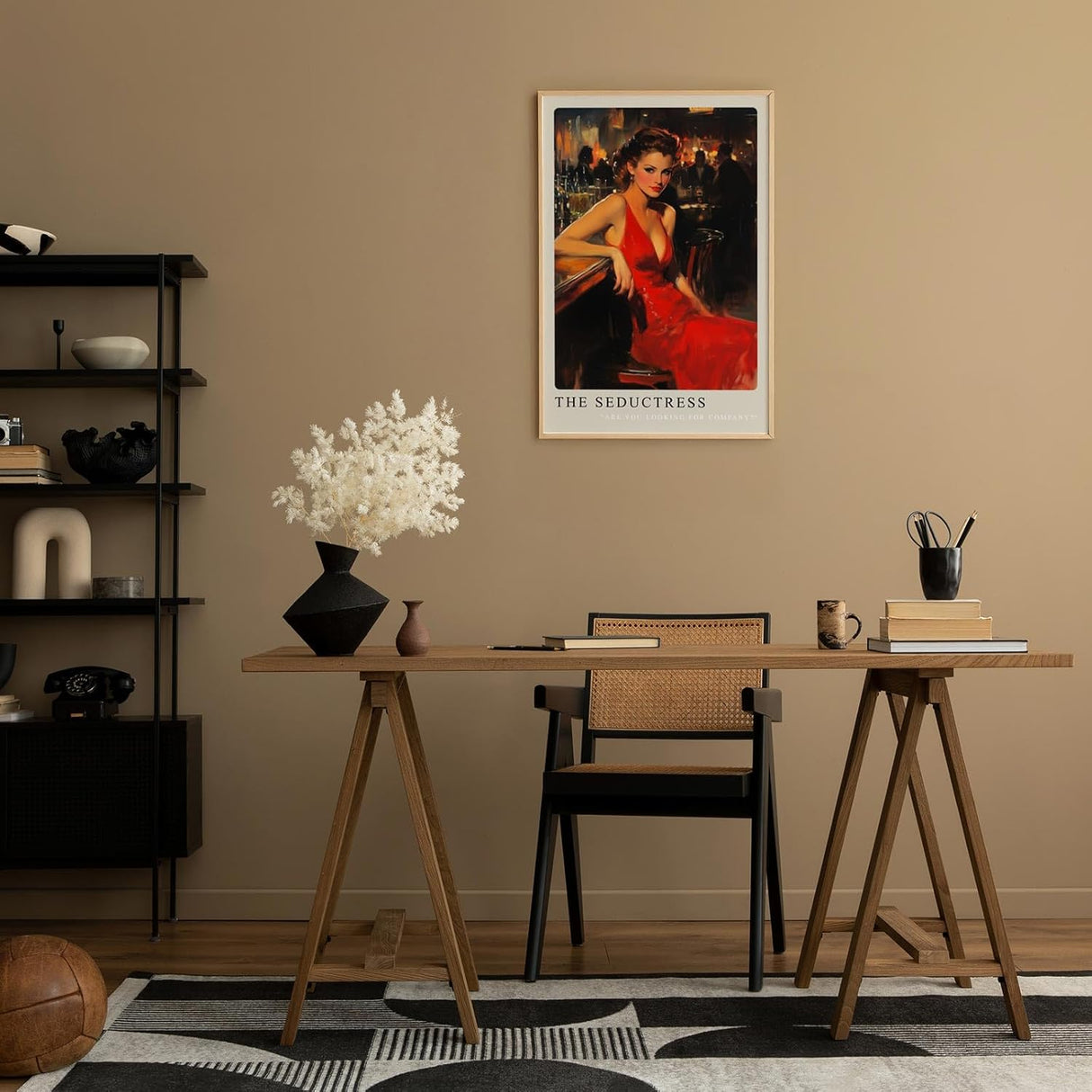 Paul Sinus Leinwandbild 40x60cm The Seductress – Frau, Rot, Eleganz, Leidenschaft, Vintage, Verführung, Sinnlichkeit, Bar, Nachtleben, Glamour