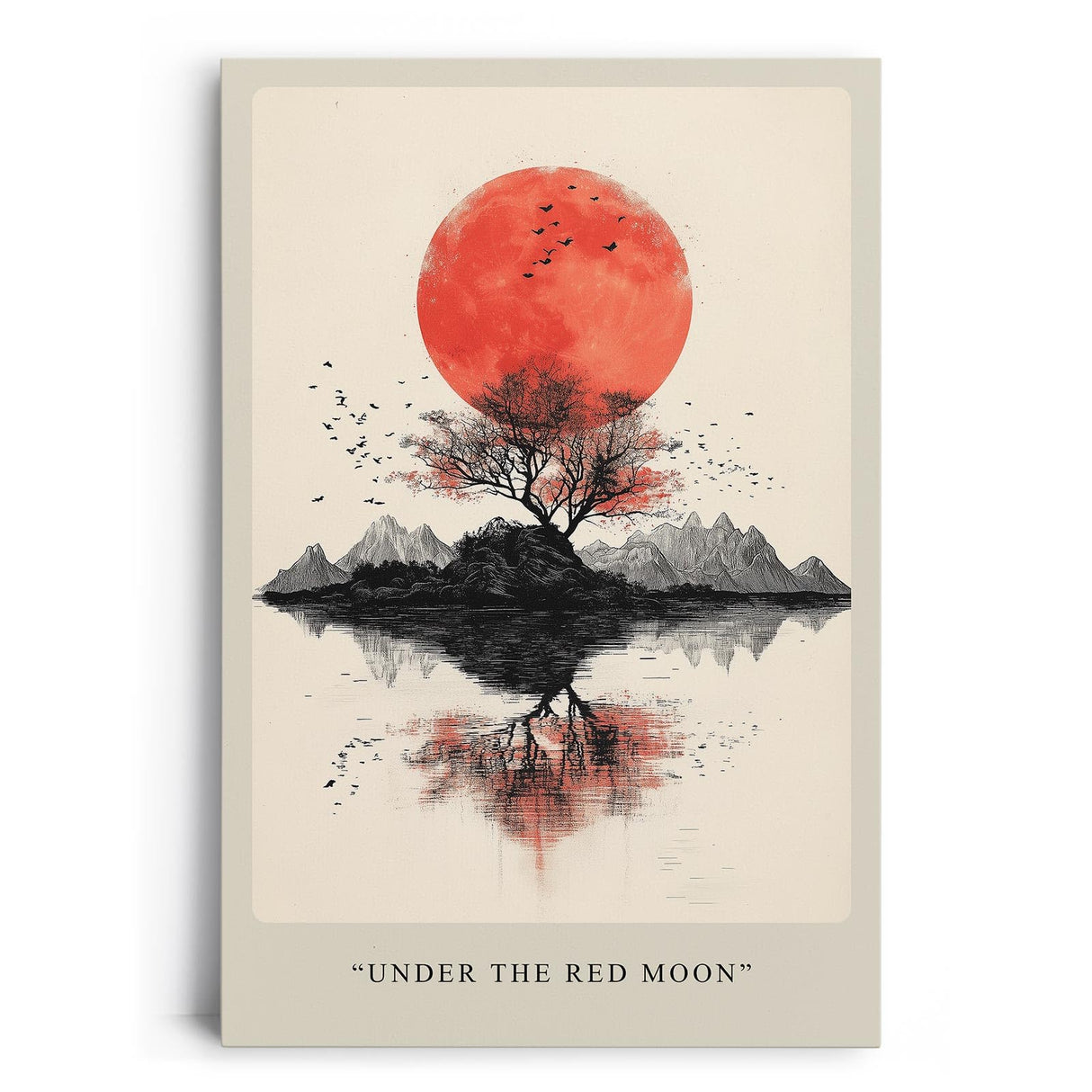 Paul Sinus Leinwandbild 40x60cm Under the Red Moon – Japan, Mond, Minimalismus, Natur, Kunst, Ruhe, Meditation, Ästhetik, Symbolik, Balance