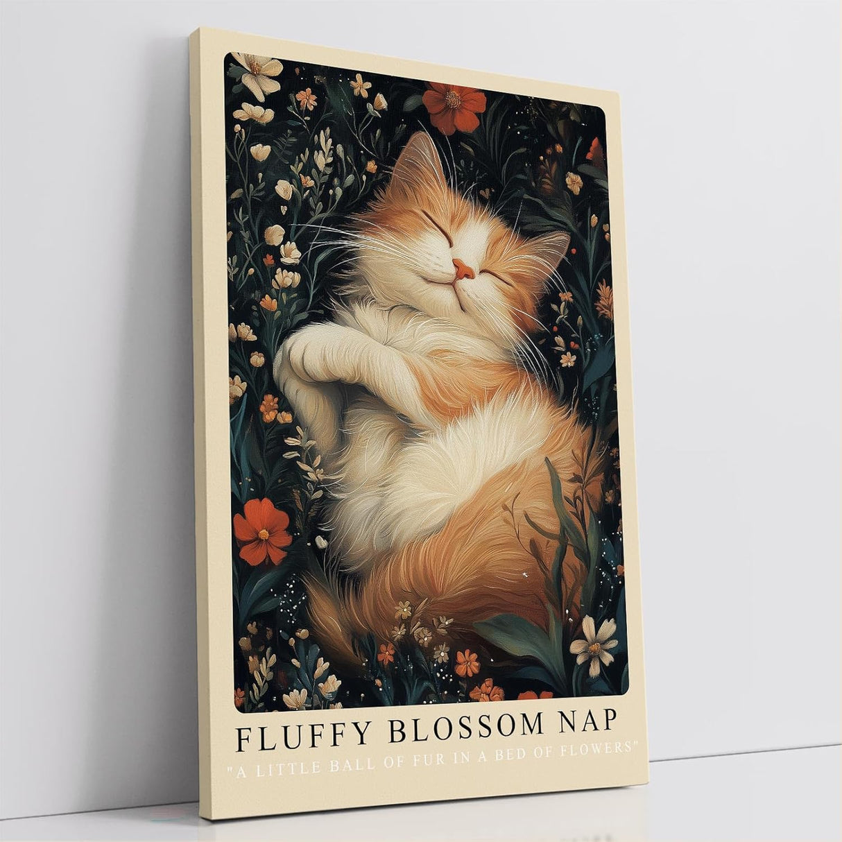 Paul Sinus Leinwandbild 80x120cm verträumtes Kunstwerk einer schlafenden Katze inmitten blühender Blumen, harmonische Naturillustration