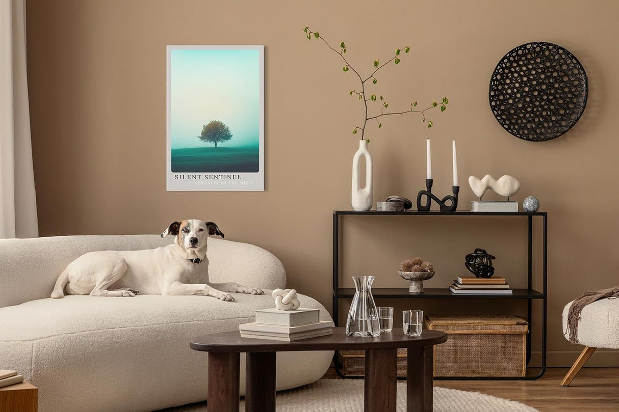 Paul Sinus Leinwandbild 40x60cm minimalistisches Landschaftsbild mit einsamem Baum im sanften Nebel, beruhigende Wandkunst