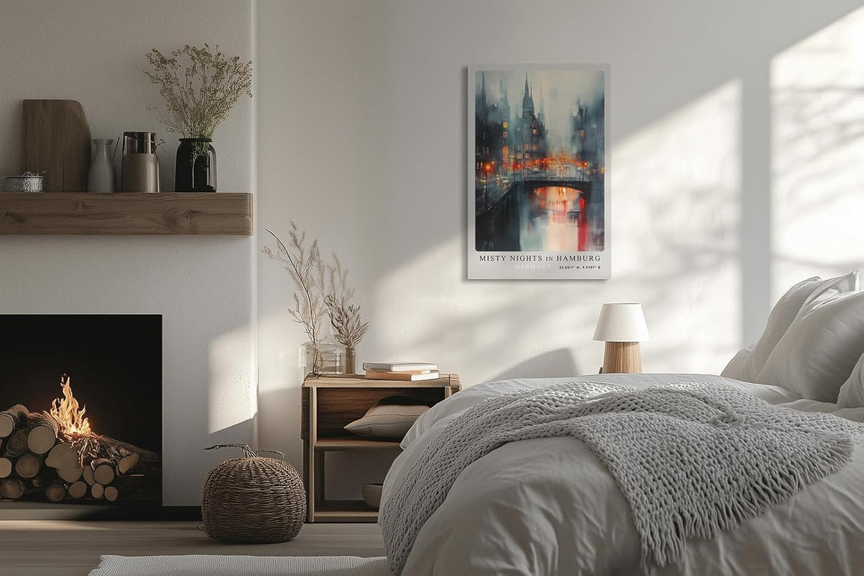 Paul Sinus Leinwandbild 60x90cm Misty Nights in Hamburg – Stimmungsvolle Stadtansicht mit nebelverhangenen Gebäuden, leuchtenden Straßenlichtern