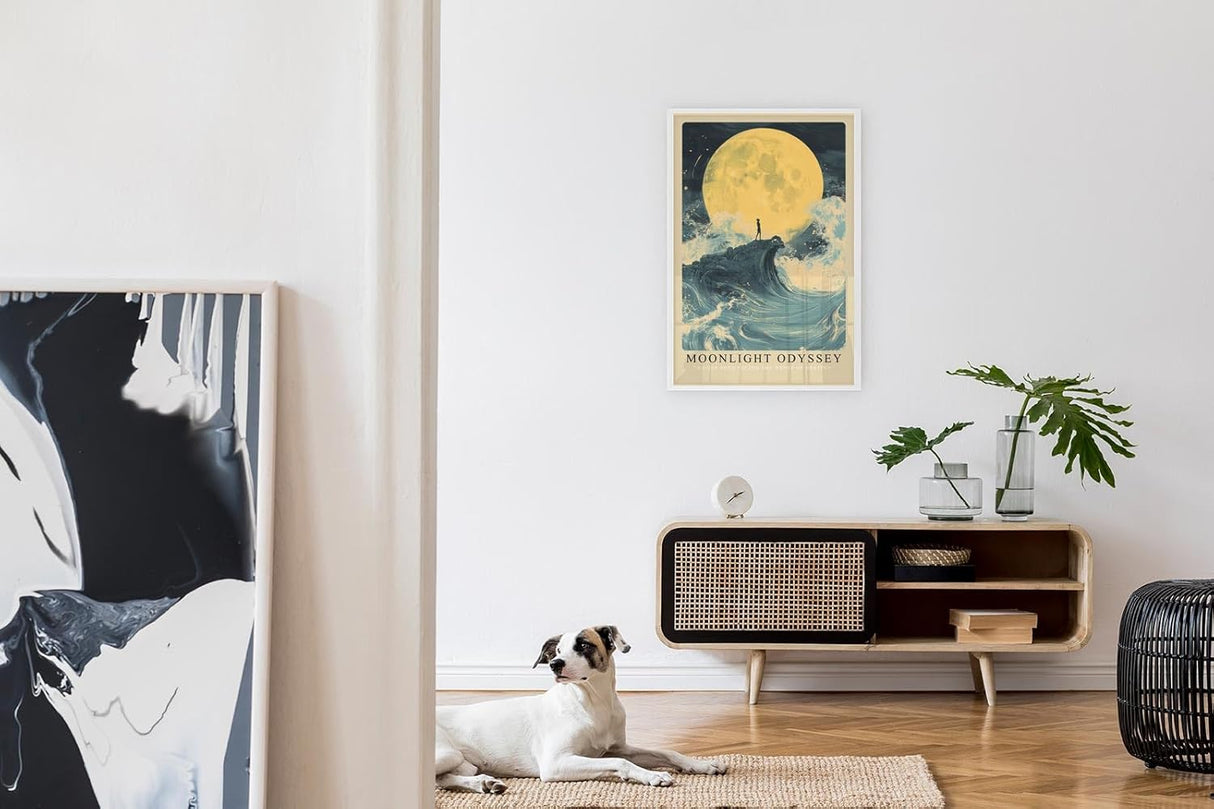 Paul Sinus Leinwandbild 80x120cm Moonlight Odyssey – Mystische Mondszene mit einsamer Silhouette auf einer Welle, umgeben von stürmischem Meer