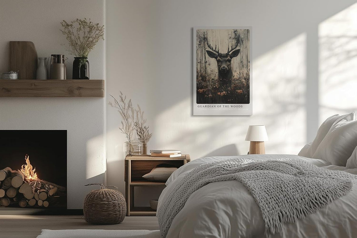 Paul Sinus Leinwandbild 60x90cm mystisches Hirschporträt mit dunkler Waldfantasie, ausdrucksstarke Wandkunst in erdigen Tönen