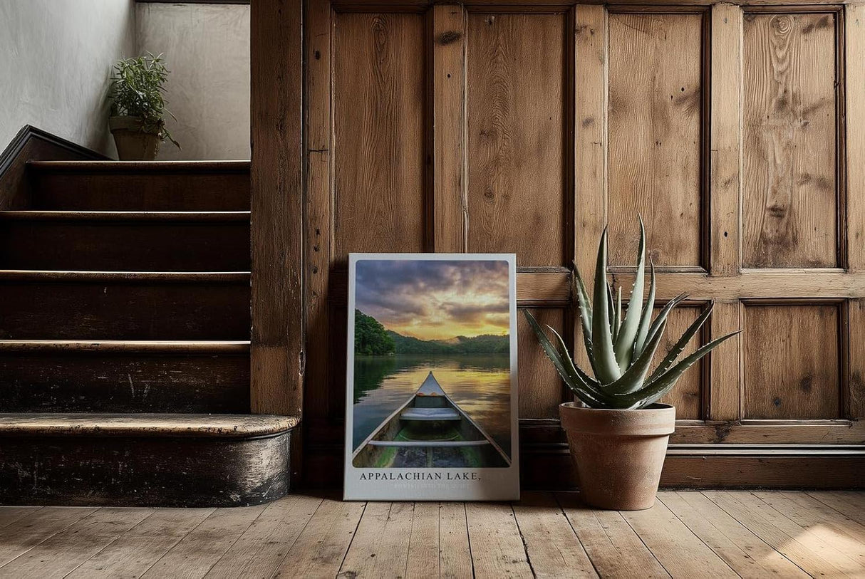 Paul Sinus Kunstdruck 40x60cm Appalachian Lake mit Sonnenuntergang – Naturidylle mit Kanu in ruhigem Wasser