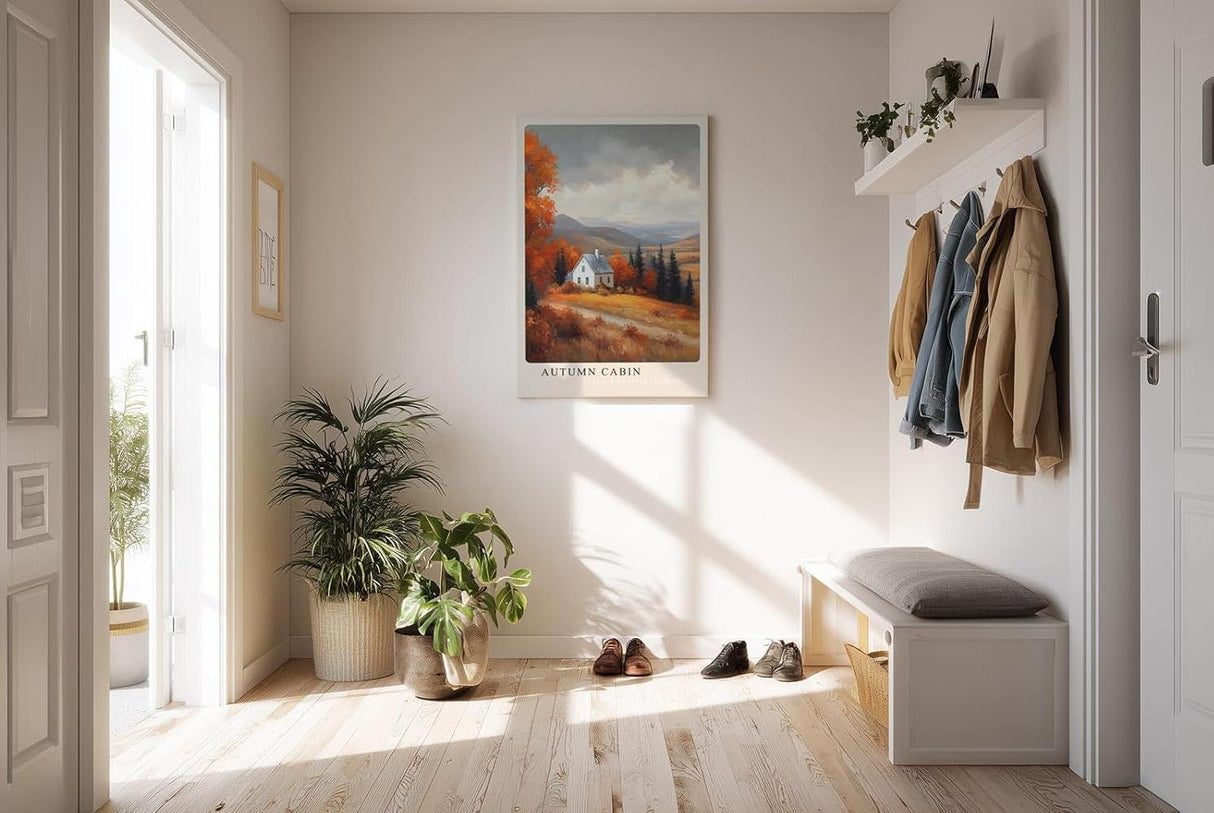 Paul Sinus Kunstdruck 40x60cm Autumn Cabin – Weißes Haus in herbstlicher Landschaft mit goldroten Wäldern und weiter Aussicht