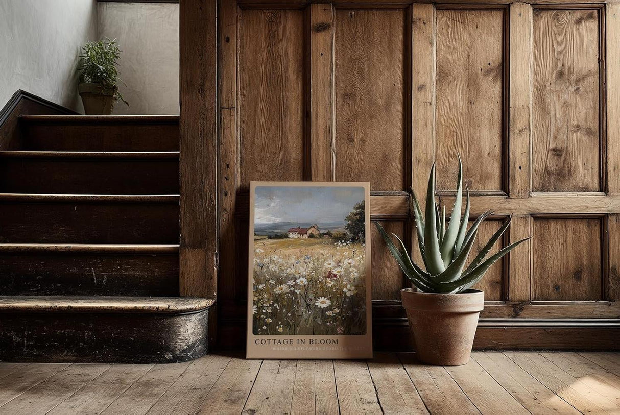 Paul Sinus Kunstdruck 40x60cm Cottage in Bloom – Wildblumenwiese mit Landhaus unter weitem Himmel in malerischer Landschaft