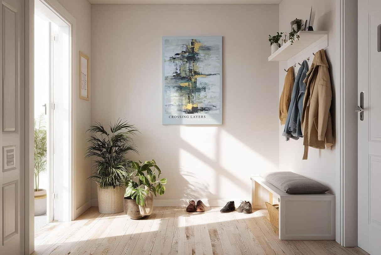 Paul Sinus Kunstdruck 40x60cm Crossing Layers – Abstrakte Komposition mit dynamischen Farbstrukturen in Gold, Grün und Schwarz