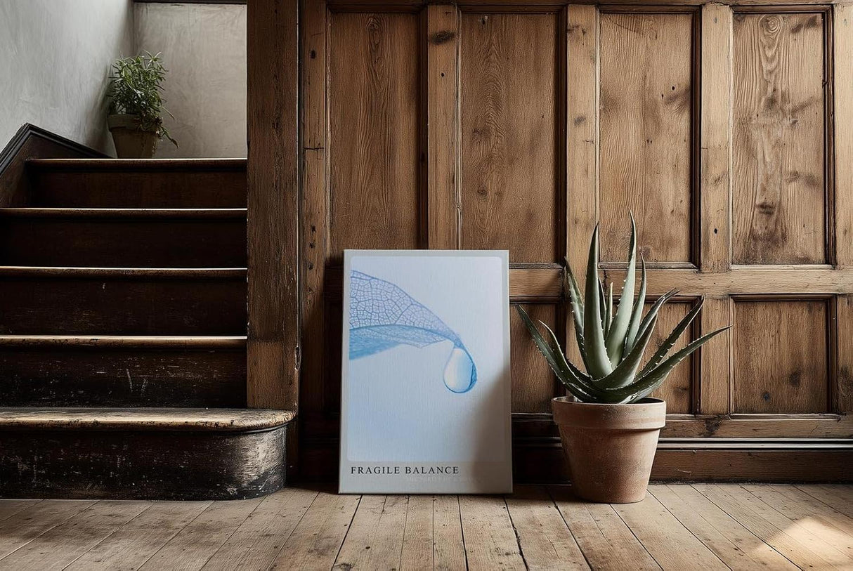 Paul Sinus Kunstdruck 40x60cm Fragile Balance – transparente Struktur mit Wassertropfen auf zartem Blatt in Hellblau