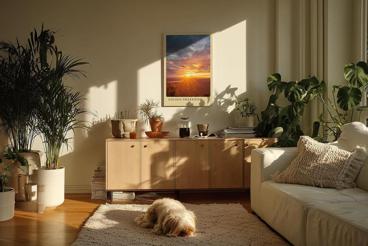 Paul Sinus Kunstdruck 40x60cm Golden Awakening – Sonnenaufgang über der Landschaft in leuchtendem Gold und Orange