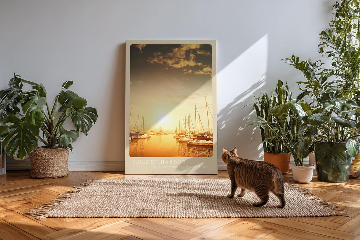 Paul Sinus Kunstdruck 40x60cm Golden Harbor – Segelboote im Sonnenlicht eines goldenen Hafens am Morgen