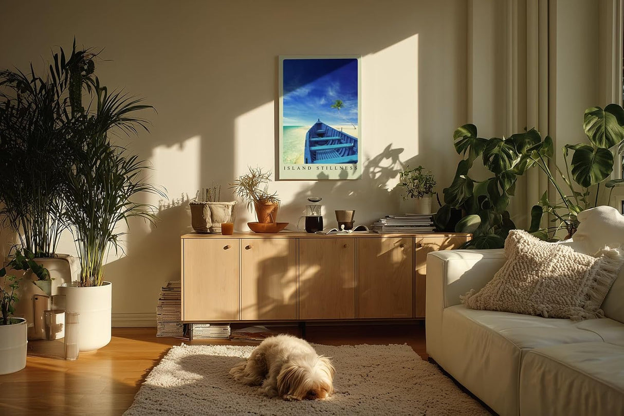 Paul Sinus Kunstdruck 40x60cm Island Stillness Blaues Boot auf weißem Sandstrand mit Palme und Meer