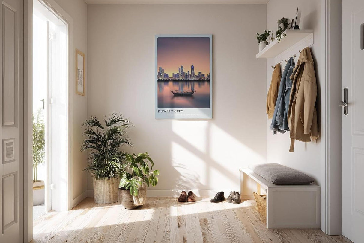 Paul Sinus Kunstdruck 40x60cm Kuwait City bei Sonnenuntergang – Skyline mit traditionellem Boot auf ruhigem Wasser