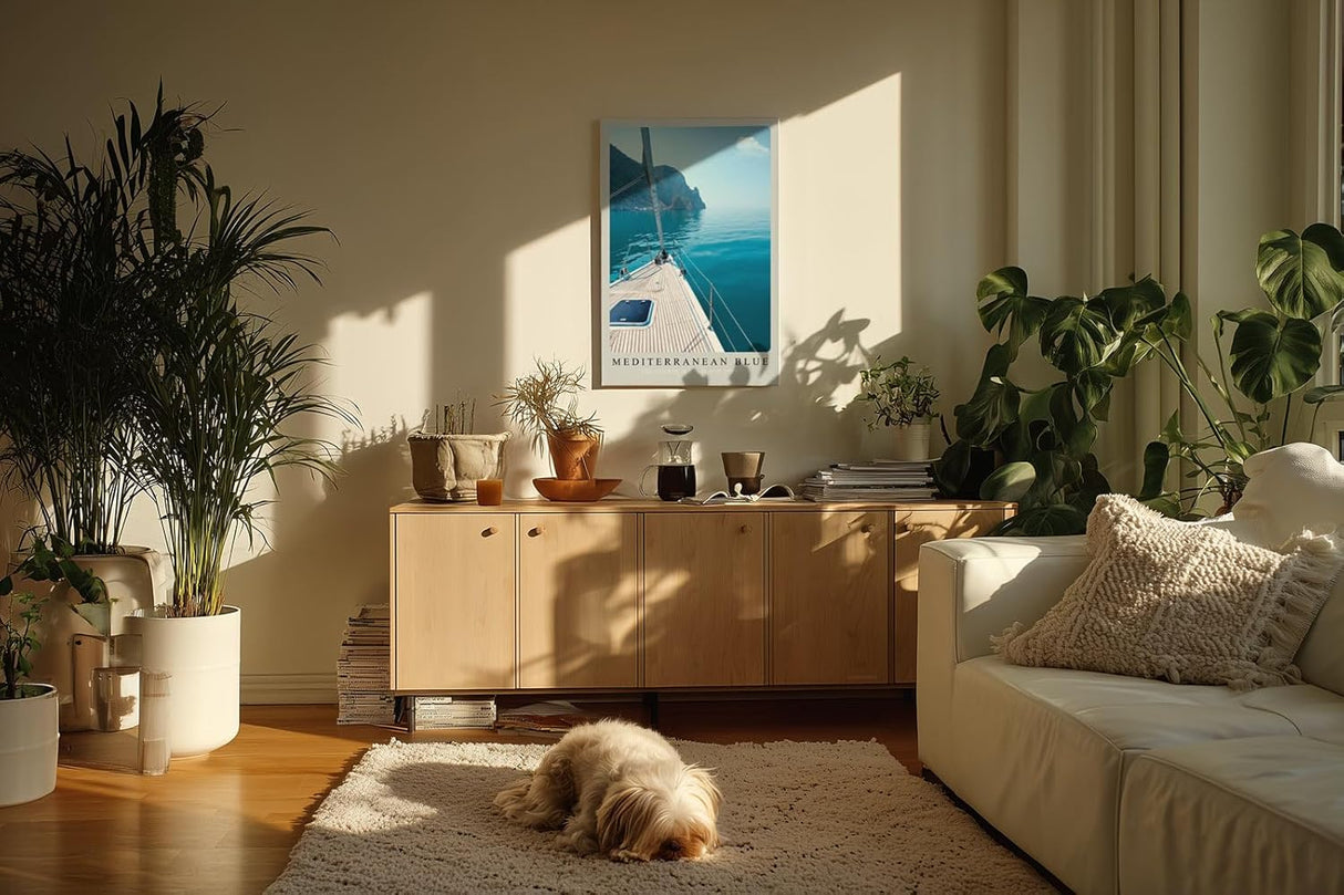 Paul Sinus Kunstdruck 40x60cm Mediterranean Blue – Segelboot auf ruhiger See mit Blick auf Küste im Morgenlicht