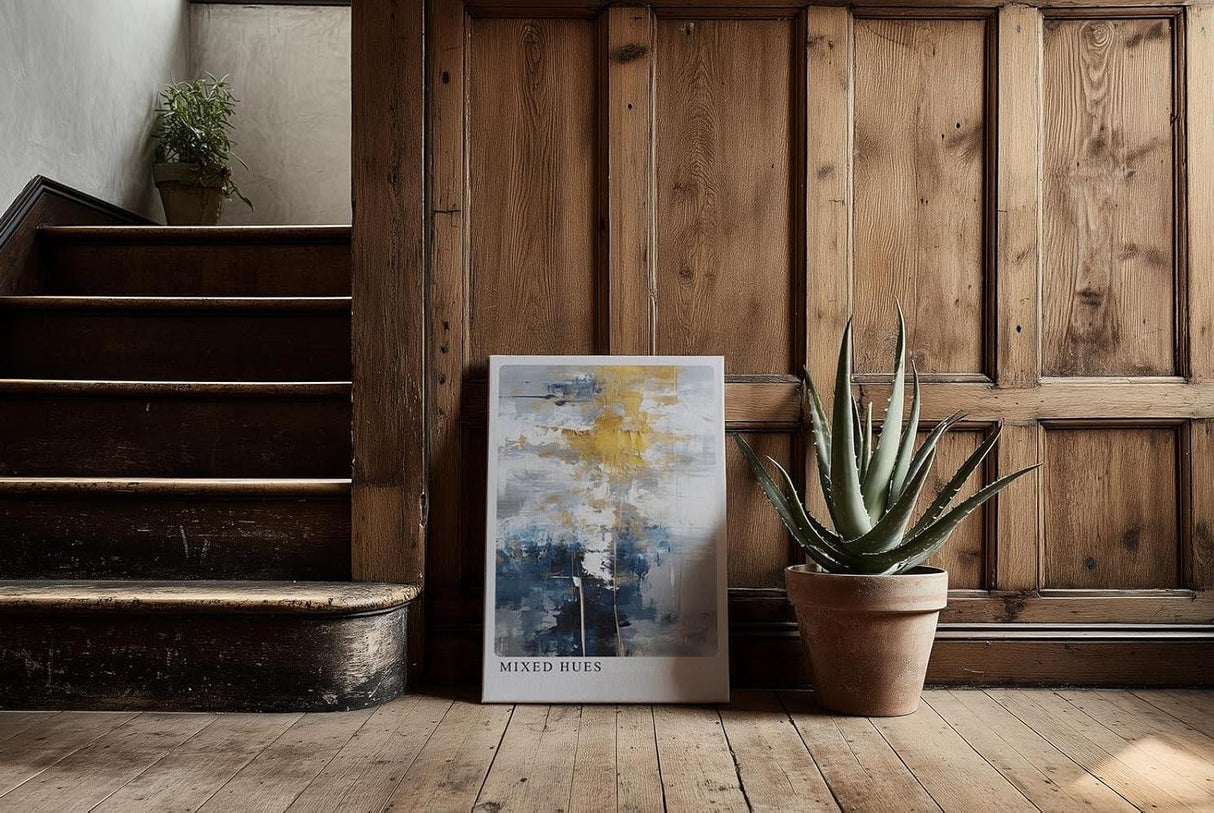 Paul Sinus Kunstdruck 40x60cm Mixed Hues – Farbabstraktion in Blau, Gold und Weiß mit künstlerischer Tiefe und Struktur