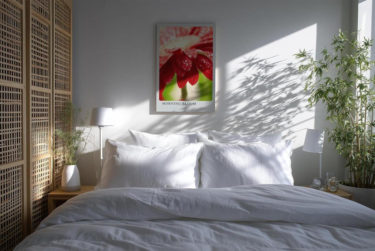 Paul Sinus Kunstdruck 40x60cm Morning Bloom – rote Blüte mit Tautropfen im Morgenlicht in Nahaufnahme