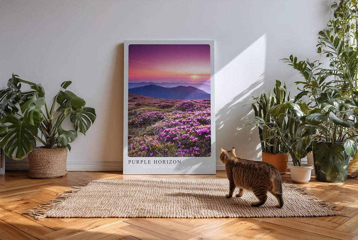 Paul Sinus Kunstdruck 40x60cm Purple Horizon – violette Berglandschaft mit Blumen im Sonnenuntergang