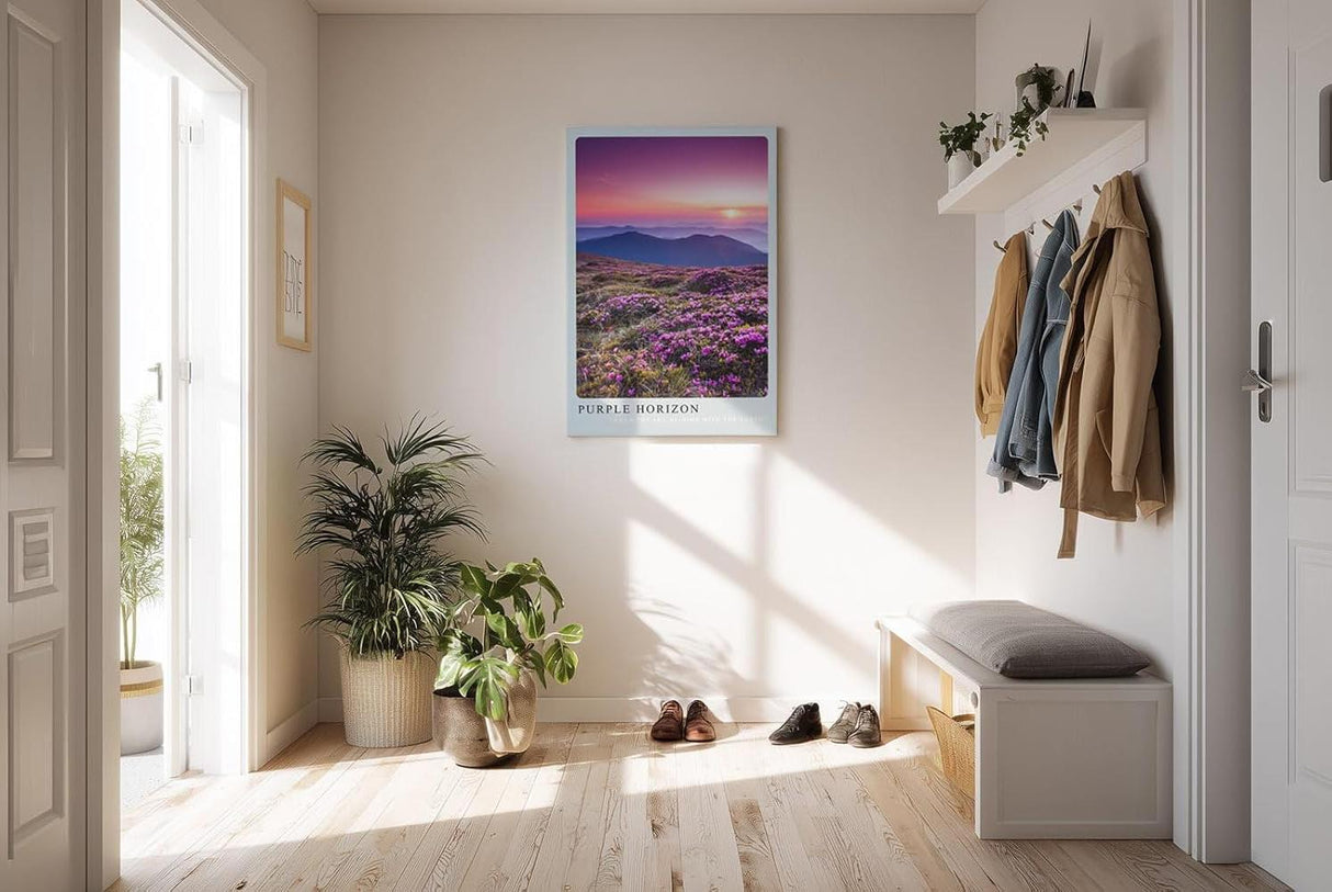 Paul Sinus Kunstdruck 40x60cm Purple Horizon – violette Berglandschaft mit Blumen im Sonnenuntergang
