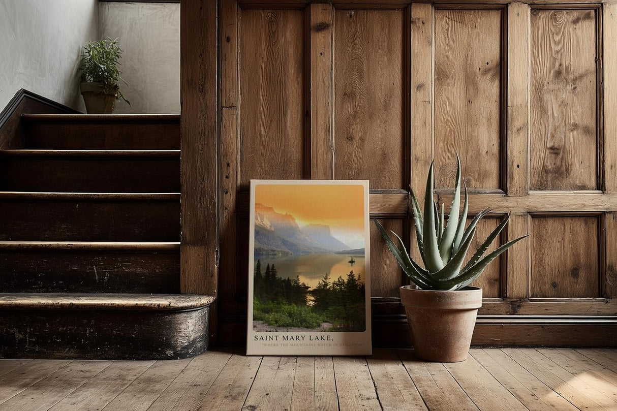 Paul Sinus Kunstdruck 40x60cm Saint Mary Lake USA Sonnenuntergang über Bergsee mit Insel und Kiefernwald