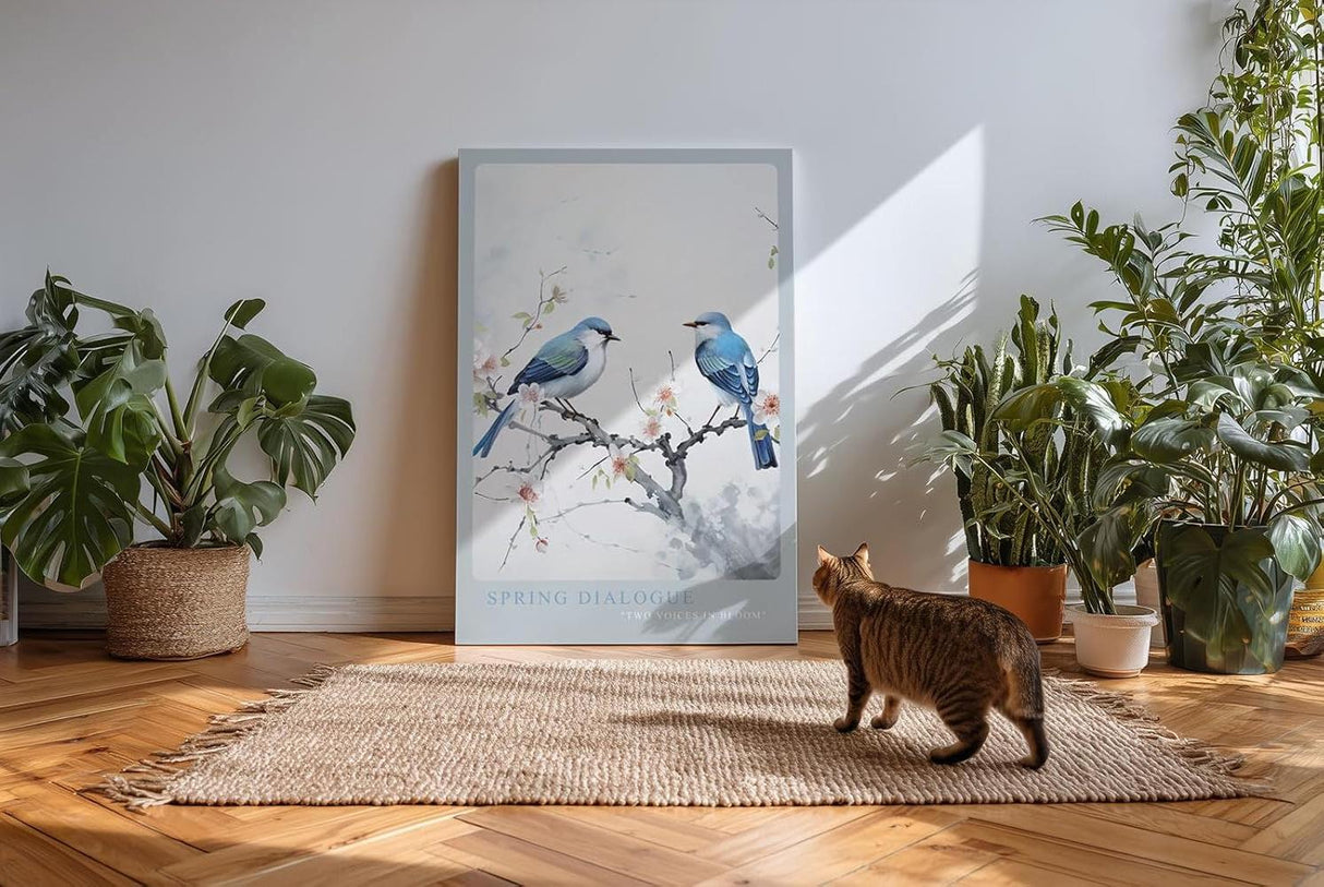 Paul Sinus Kunstdruck 40x60cm Spring Dialogue – Zwei Vögel auf blühendem Zweig in zarter Aquarell-Ästhetik