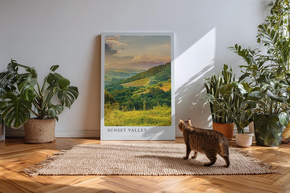 Paul Sinus Kunstdruck 40x60cm Sunset Valley mit weitem grünem Tal im Licht der untergehenden Sonne