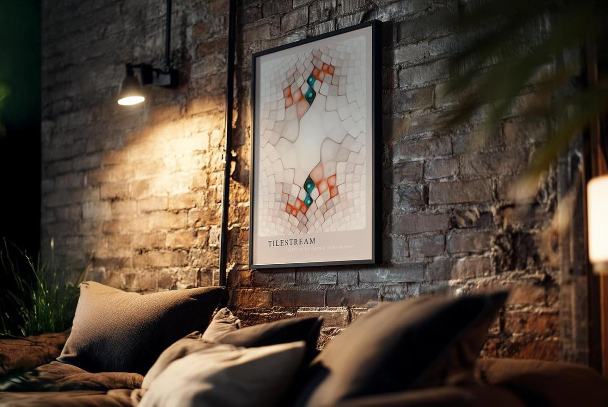 Paul Sinus Kunstdruck 40x60cm Tilestream – Abstrakte Geometrie mit organischem Fluss in Rosé, Weiß und Türkis