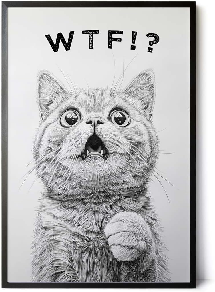 Paul Sinus Poster/Leinwandbild/Rahmenoption – Überraschtes Kätzchen „WTF!?“ – Lustige WC-Deko für dein Badezimmer
