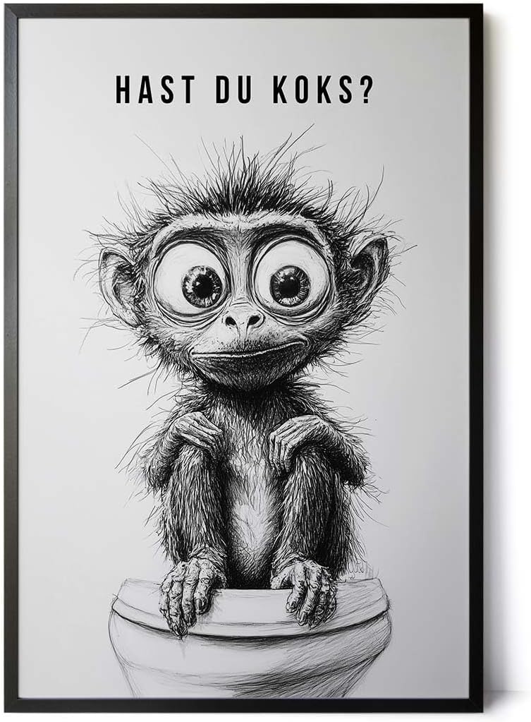 Paul Sinus Poster/Leinwandbild/Rahmenoption – Verrückter Affe auf Toilette „Hast du Koks?“ – Lustige WC-Deko für dein Badezimmer