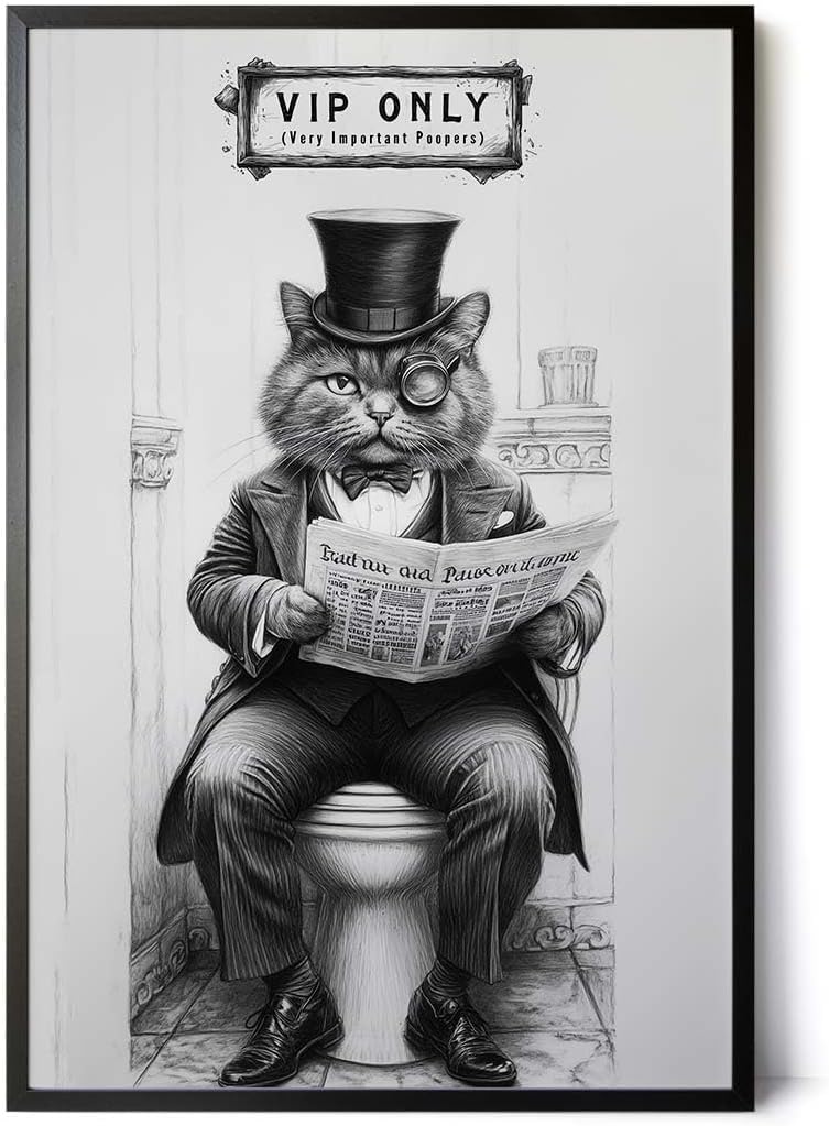 Paul Sinus Poster/Leinwandbild/Rahmenoption – Vornehme Katze „VIP ONLY – Very Important Poopers“ – Lustige WC-Deko für dein Badezimmer