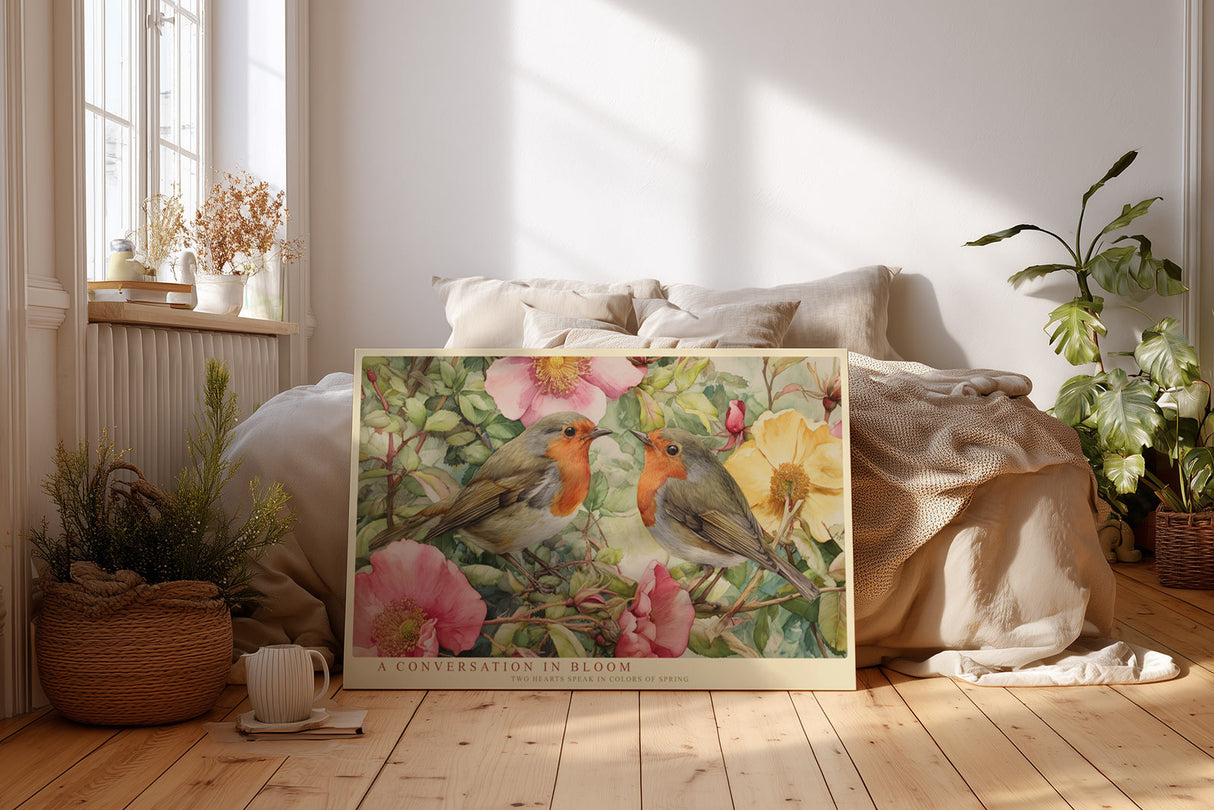 Paul Sinus Wandbild A Conversation in Bloom Romantic Robins in Colorful Garden of Spring