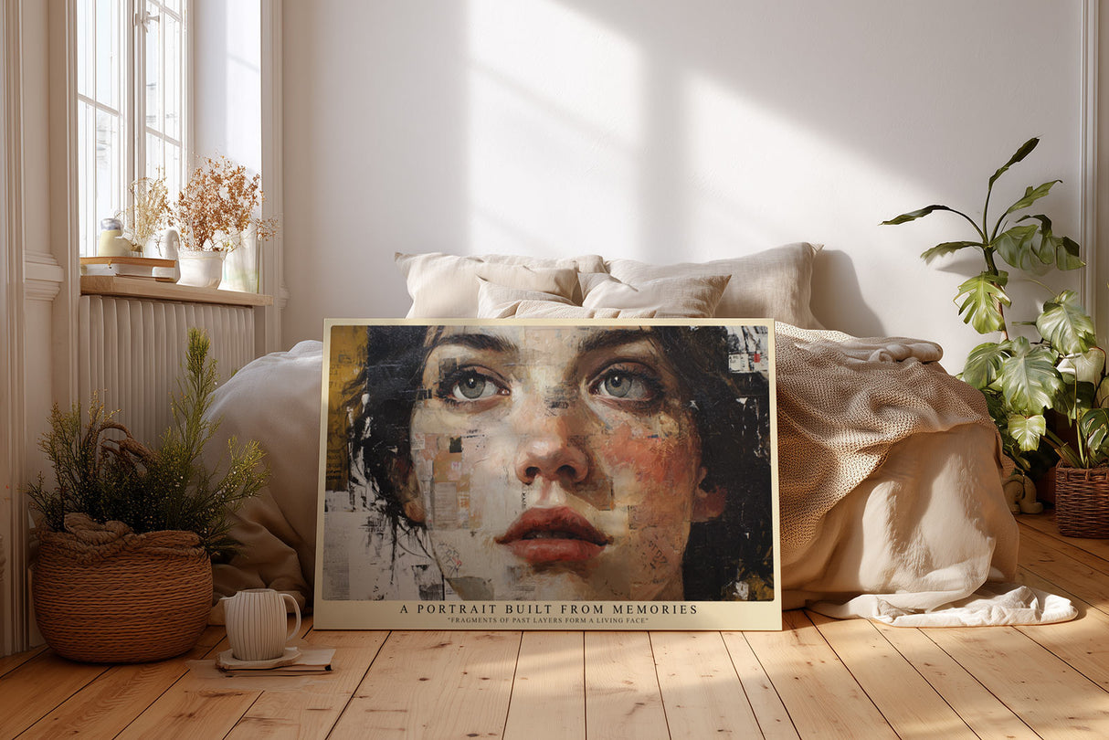 Paul Sinus Wandbild A Portrait Built from Memories – Ausdrucksstarkes Porträt einer Frau aus collageartigen Fragmenten, modernes Kunstwerk voller Tiefe und Emotion