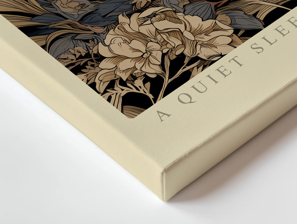 Paul Sinus Wandbild A Quiet Sleep in Nature’s Arms – Friedlich schlafender Fuchs umgeben von Blumen, detailreiche Naturillustration in warmen Erdtönen